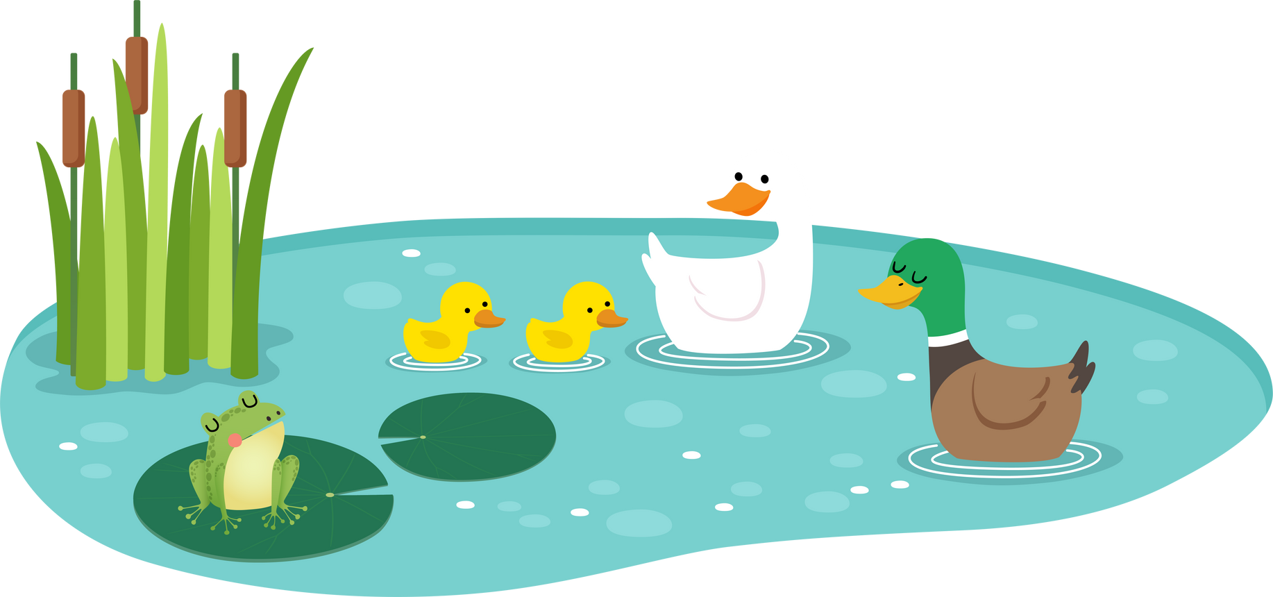 Cartoon ducks and ducklings swimming with frog in the pond